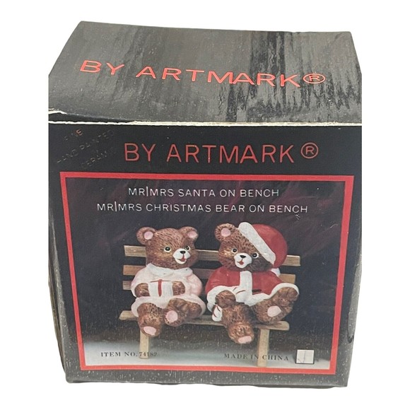 Vtg  Art mark Mr & Mrs Christmas Bear On A Wooden Bench Figurines Decor READ - Picture 1 of 6